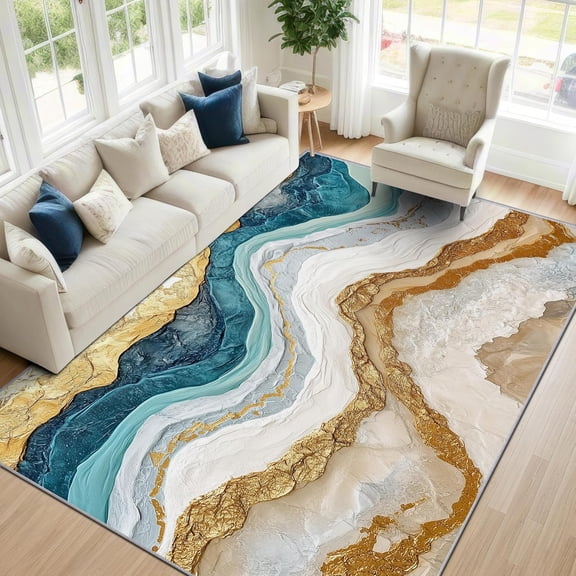Luxury Agate Marble Area Rugs, Wavy Abstract Modern Carpet, Washable Non Slip Low Pile Soft Rug for Bedroom Living Room Decor Mat 2x3ft