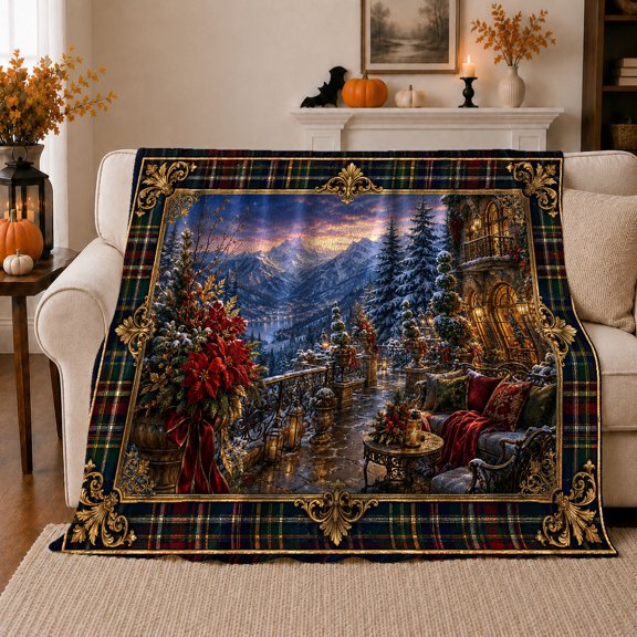 Luxury Alpine Terrace Twilight Red Poinsettias Serene Winter, Peaceful Mountain Lake Scene, Warm Flannel Blanket for Cabin and Lodge, Outdoor Lovers Camping Gift, Rustic Home Decor