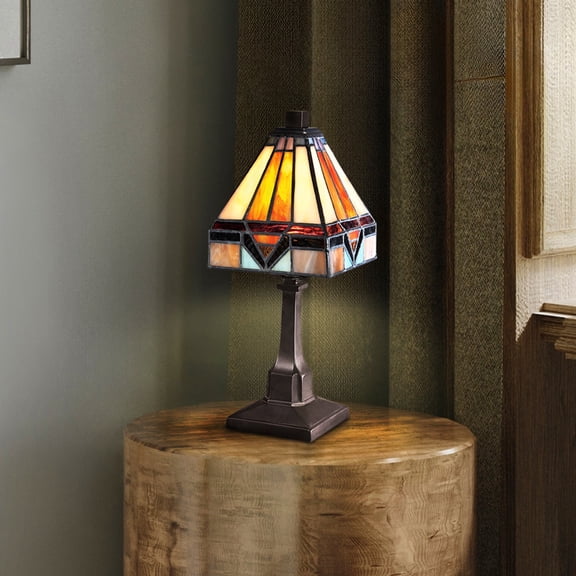 Luxury American Bungalow Tiffany Table Lamp, Large Size: 12''H x 5''W, with Craftsman Style Elements, Vintage Bronze Finish, UQL7026 from the Axminster Collection by Urban Ambiance