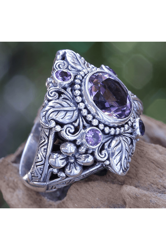 Luxury Amethyst Ring European and American Retro Imitation Thai Silver Tree Leaf Flower Ring
