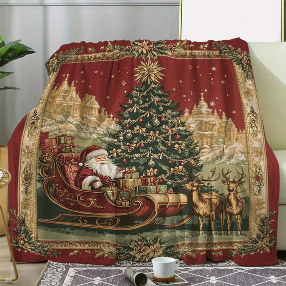 Luxury Antique Christmas Blanket with Santa, Reindeer & Tree Print - Soft Flannel Plush All-Season Throw for Bed, Sofa, Travel - Vintage Holiday Design with Red & Golden Snowy Landscape - Machine Was