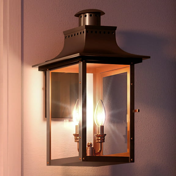 Luxury Antique Outdoor Wall Sconce, 19.00''H x 10.00''W, with French Country Style Elements, Old World Design, Rustic Copper Finish and Glass, UQL1412