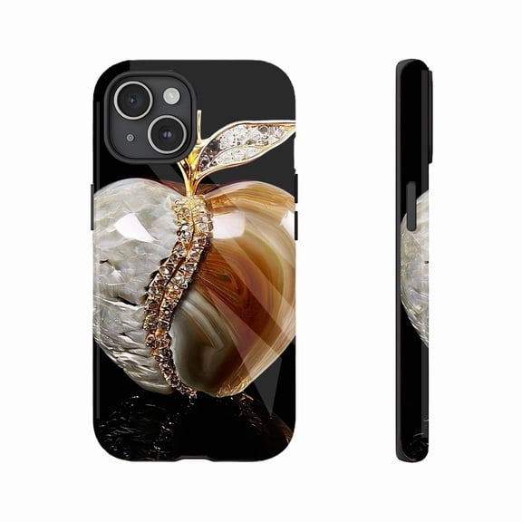 Luxury Apple-Shaped Natural Agate Gemstone Phone Case with Golden Leaf Diamond Embellishments for Women Men, Perfect for Holiday Gifts, Compatible with iPhone 11/12/13/14/15/16 (Pro Max/Plus)