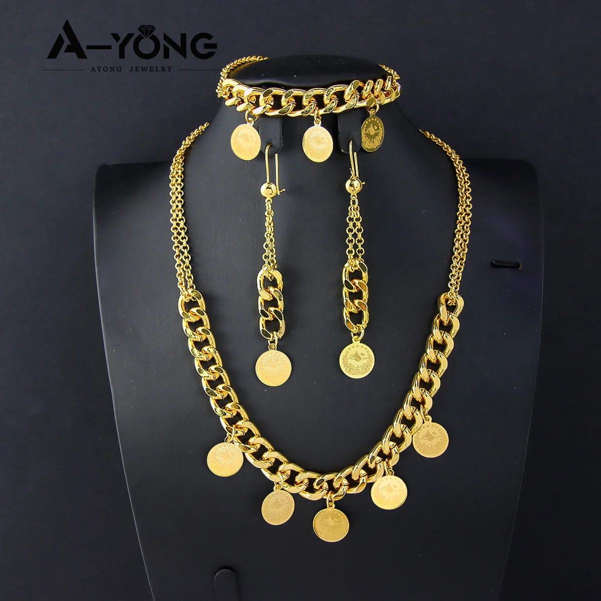 Luxury Arabic Gold Color Coins Necklace Set 21k Gold Plated Turkish ...