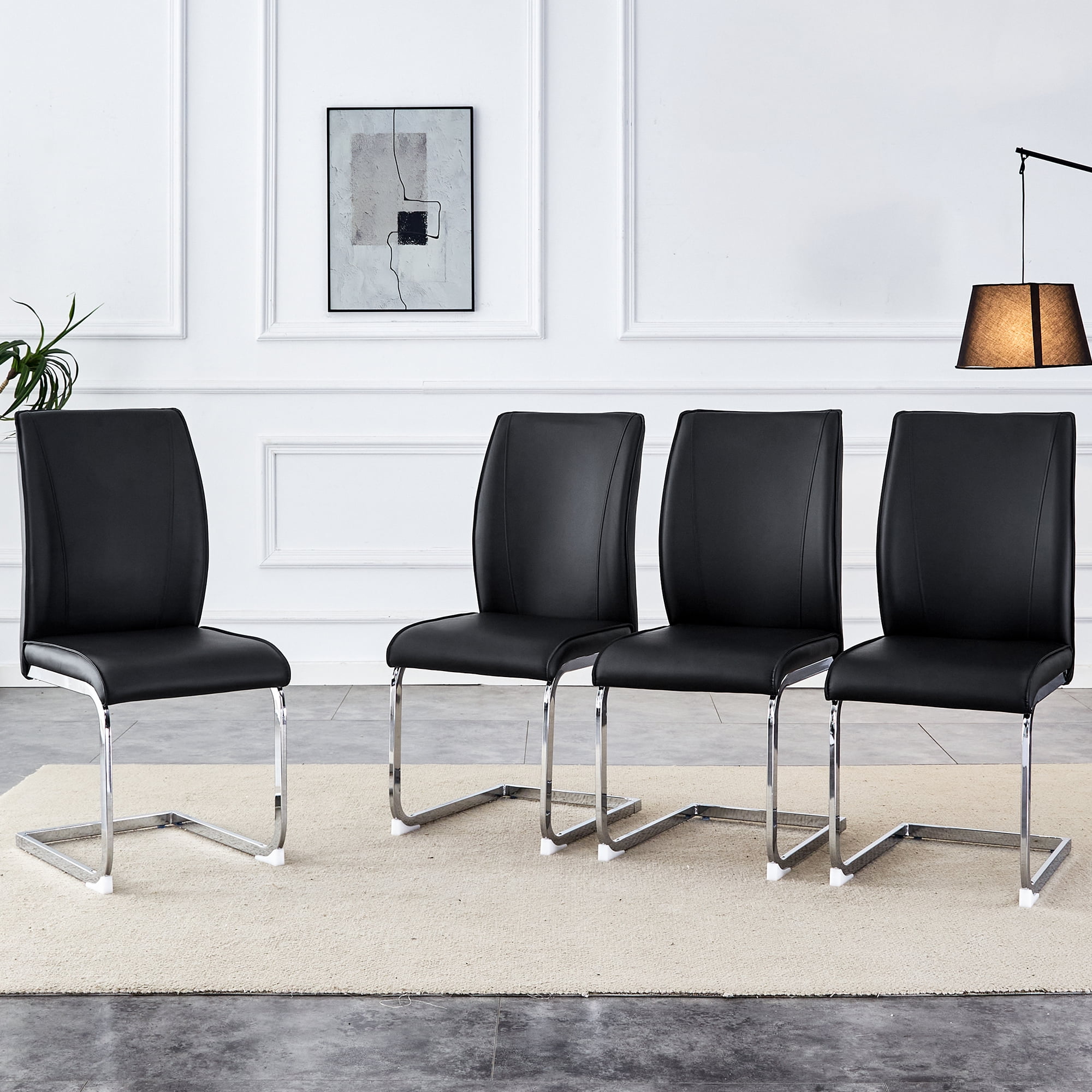 Luxury Simple Arch Chair - Set of 4 Black PU Material High Resilience Dining Chair with Arched Metal Silver Leg.