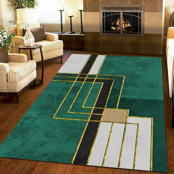 Luxury Art Area Carpet, Emerald Green Black Gold Rectangular Geometry Rug, Rubber Backed Durable Ultra Soft Washable Non-Slip Mat For Living Room Bedroom Entryway Hallway Dining 3 x 4ft