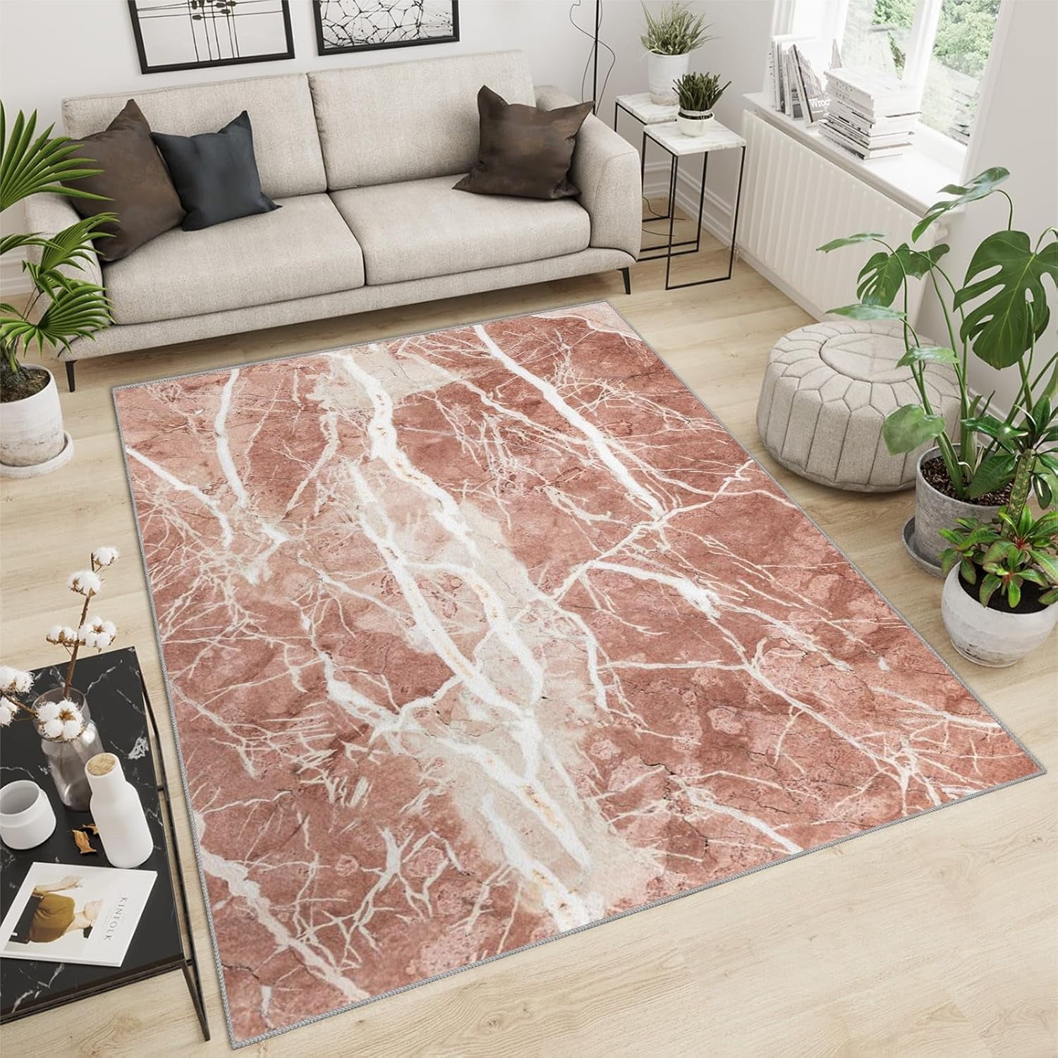 Luxury Art Marble Texture Pink Area Rug Washable Rug Indoor Luxury Art ...