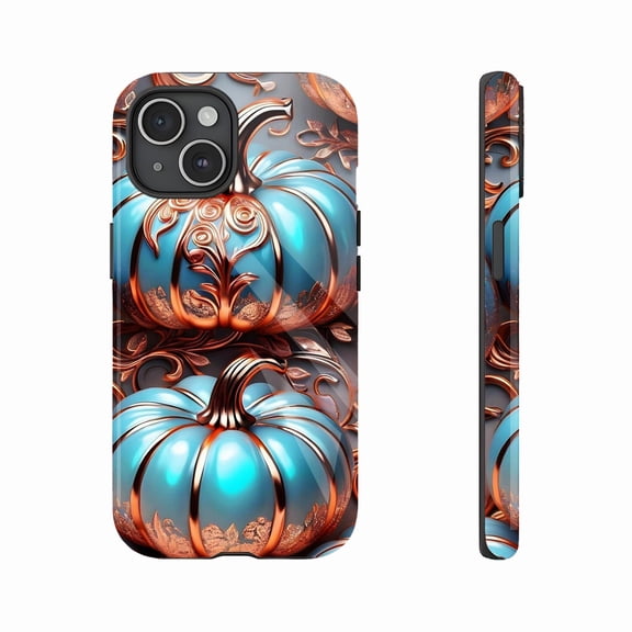 Luxury Artistic Pumpkin Design iPhone Case with Metallic Copper Accents, Perfect for Fall Halloween Thanksgiving, Compatible with iPhone 11/12/13/14/15/16 (Pro Max/Plus) Decorative Protective Case