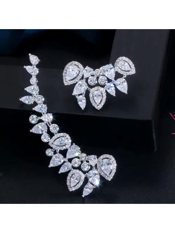 Luxury Asymmetrical 585 Gold CZ Long Angel Wing Ear Climber Clamp Stud Earrings