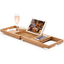 Luxury Bamboo Bathtub Caddy Tray, Expandable Sides Bath Caddy Tray (Book, Wine, Glass, Cell Phone Holder)