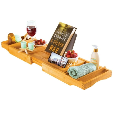 Luxury Bamboo Bathtub Caddy Tray, Expandable Sides Bath Caddy Tray (Book, Wine, Glass, Cell Phone Holder)