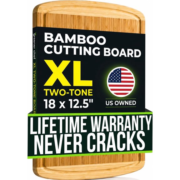Luxury Bamboo Cutting Board (Extra Large) with Vertical Grain Strength Technology - Non Toxic, Spacious and Lightweight 18" XL Chopping Board Gift - Replacements for Life