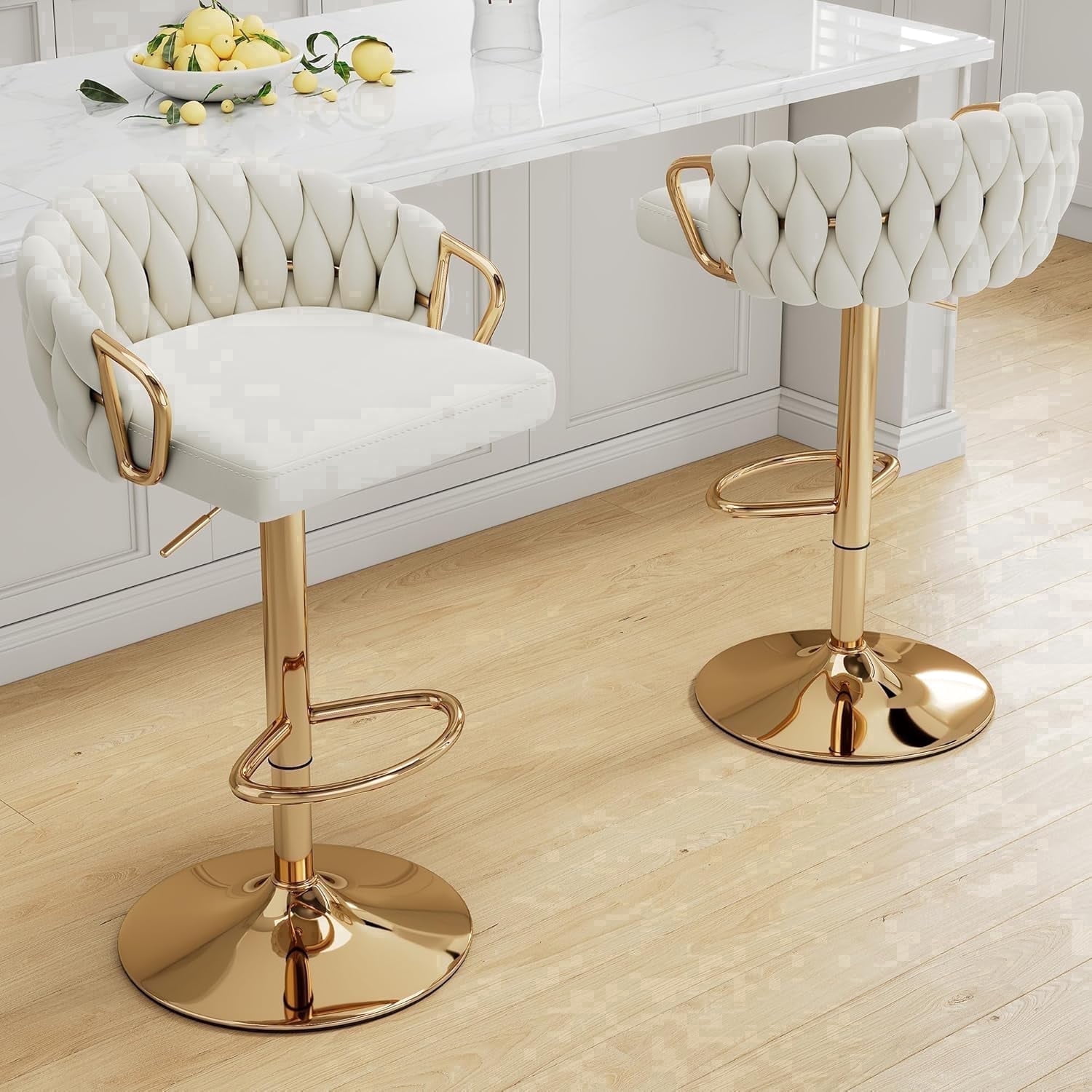 Lessmore Luxury Velvet Swivel Bar Stool with Armrests - Set of 2, Adjustable Height, Beige, Gold Base