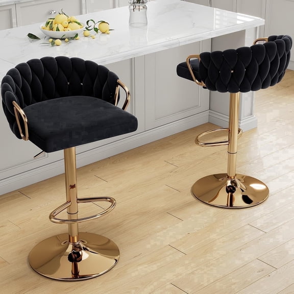 Lessmore Luxury Velvet Swivel Bar Stool - Set of 2 with Armrests Woven Back and Footrest Adjustable Height Counter Height Bar Chairs, Gold Base