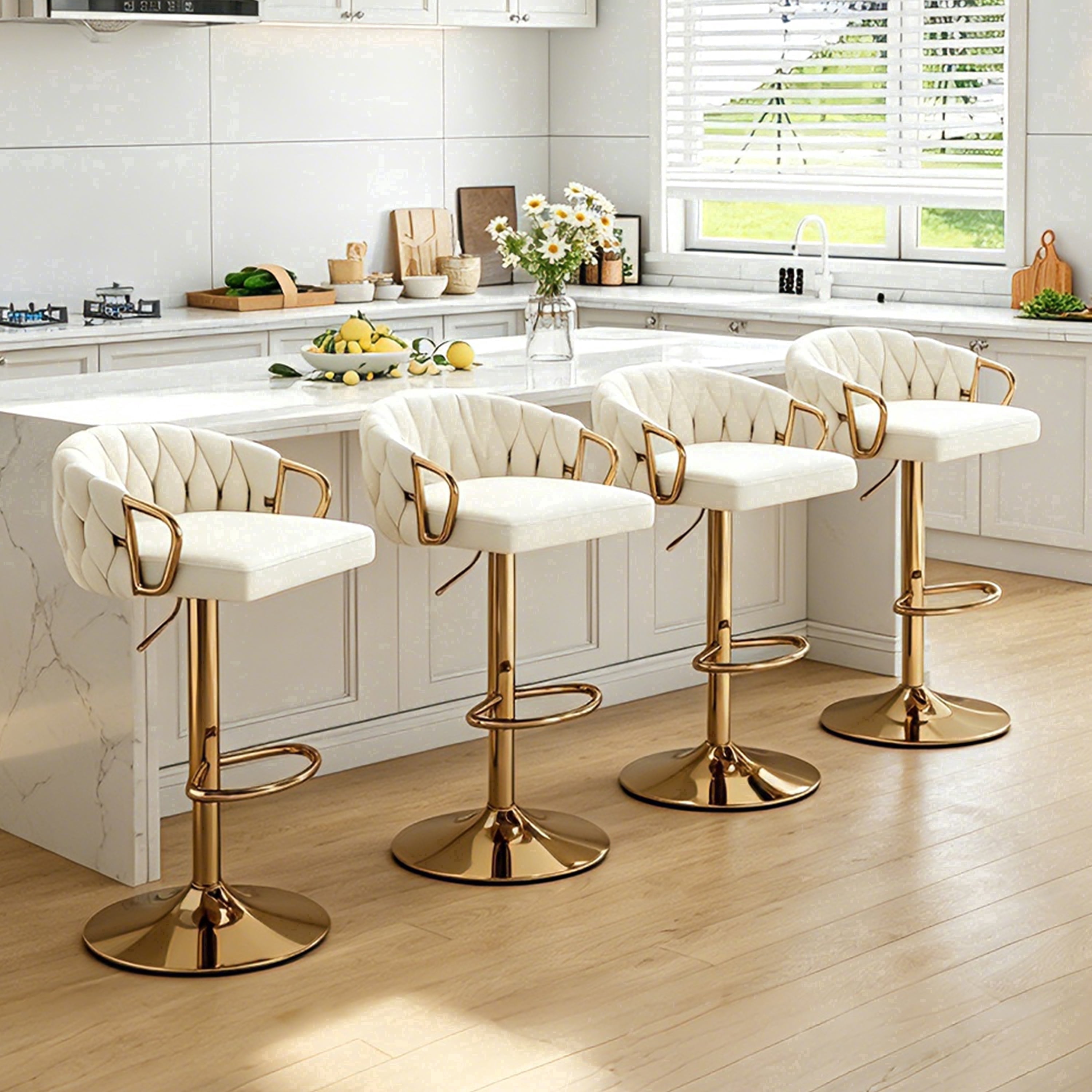 Lessmore Luxury Velvet Swivel Bar Stool Set of 4 - Adjustable Height, Beige, Gold Base