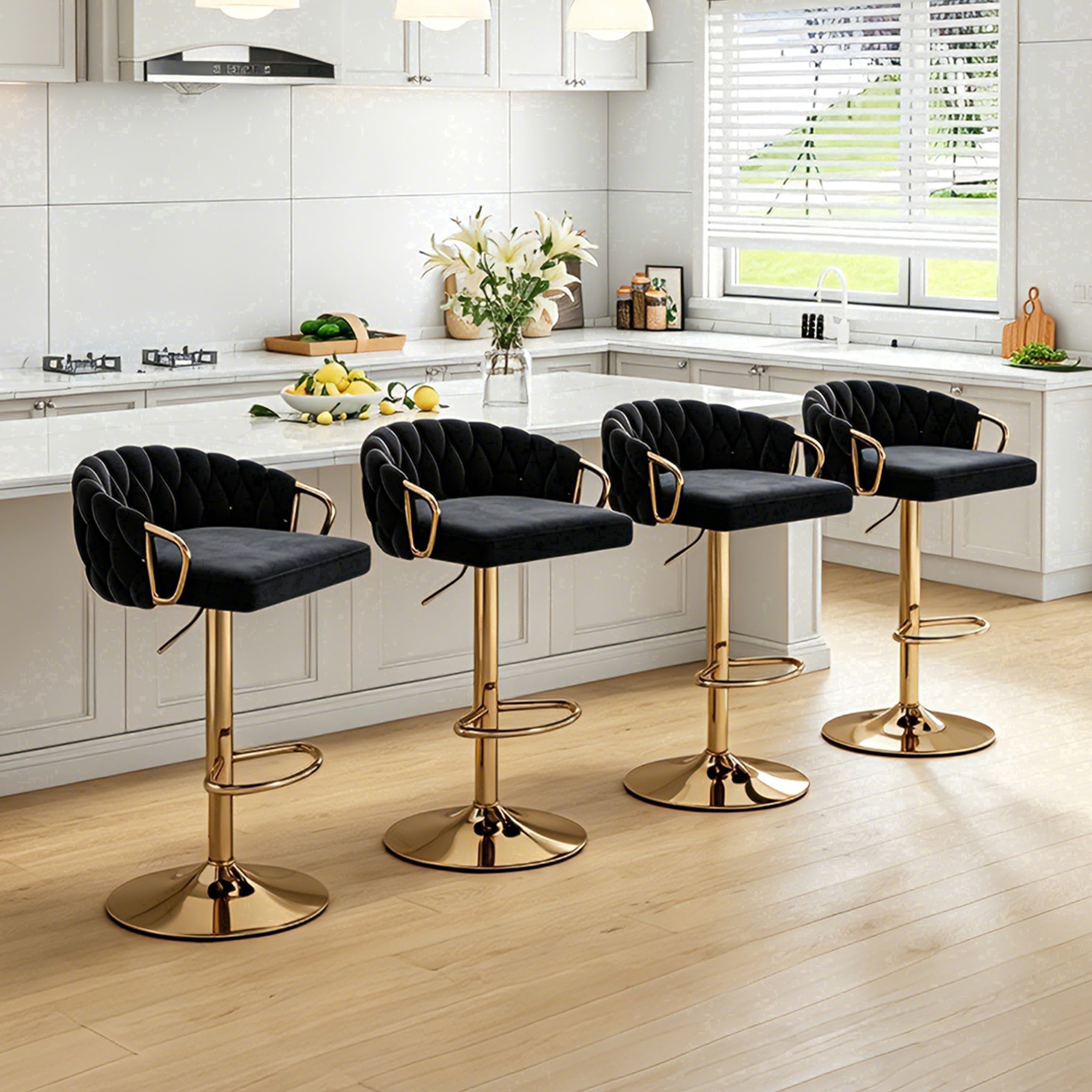 Lessmore Luxury Velvet Bar Stool Set of 4 - Adjustable Swivel Chair with Armrests, Gold Base