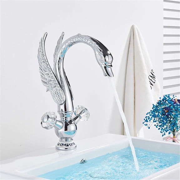 Luxury Basin Faucet Golden Swan Shape Bathroom Faucet Soild Brass Deck Mount Hot and Cold Water Dual Handle Mixer Tap,Golden