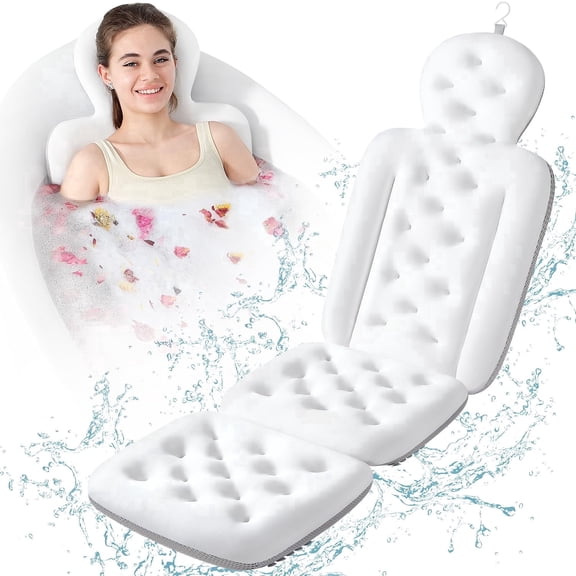 Luxury Bath Cushion, Full Body Bathtub Pillow with 160 Suction Cups, Bath Mat for Head and Neck Support, with Laundry Bag (White, 51" x 16")