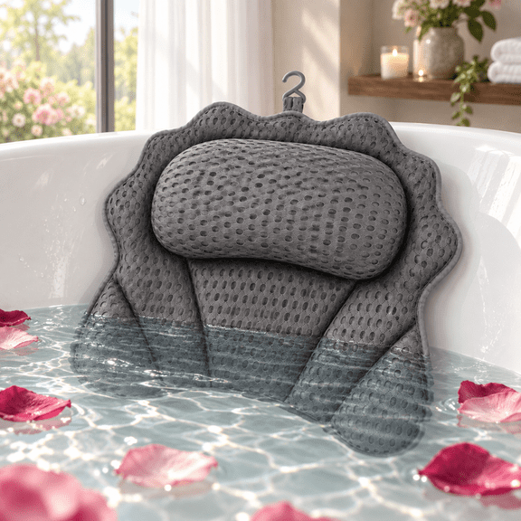 Luxury Bath Pillow Tub Spa Pillow with 4D Breathable Mesh and Non-slip Suction Cup, Black Bath Mat Pillow for Head