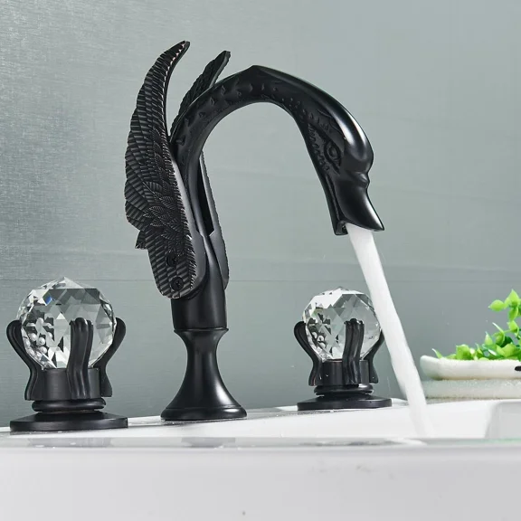 Luxury Bathroom Faucet 8 in Widespread Black Swan Basin Faucet w/Crystal Handles