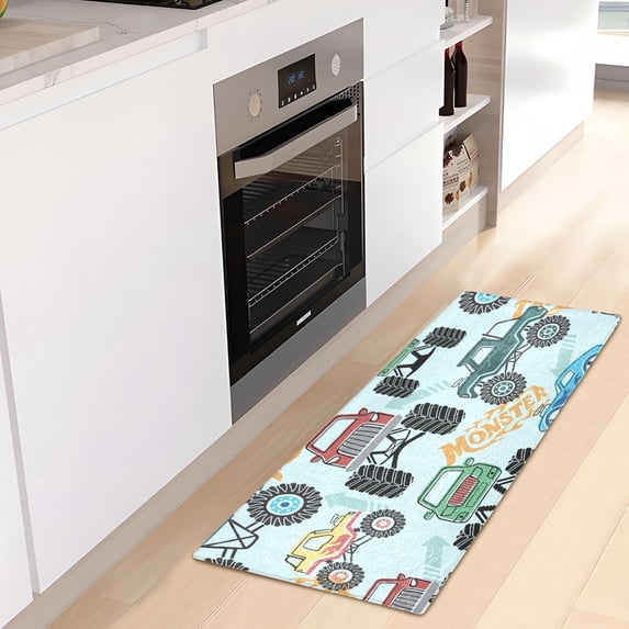 Luxury Bathroom Rug 39"x20" Non Slip Bedroom Mat Plush Shaggy Soft Absorbent Bath Rugs Washable Carpet for Kitchen Shower and Tub Monster Truck Cartoon Blue