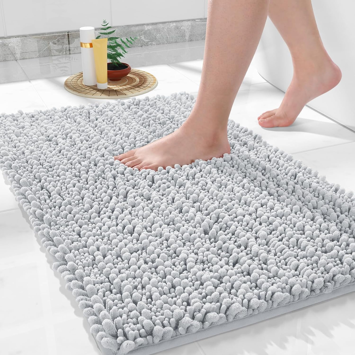 Luxury Bathroom Rug Mat 24x17, Extra Soft & Absorbent Bath Rugs, Non-Slip Plush Shaggy Bath Carpet, Machine Wash Dry, Bath Mats for Bathroom Floor, Tub and Shower, Silver