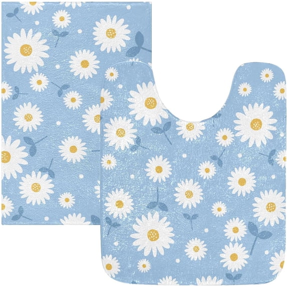 Luxury Bathroom Rug Set 2 PCS, Daisy Flower Blue Soft Absorbent Bath Rug and U-Shaped Toilet Rug, Non-Slip Bath Carpet, Machine Wash Dry, Bath Mats for Bathroom, 17.3"x13.4"+23.6"x15.7"