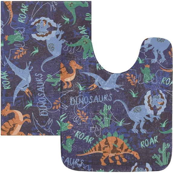 Luxury Bathroom Rug Set 2 PCS, Funny Dino Silhouettes on Dark Blue Background Soft Absorbent Bath Rug and U-Shaped Toilet Rug, Non-Slip Bath Mats for Bathroom, 17.3"x13.4"+23.6"x15.7"