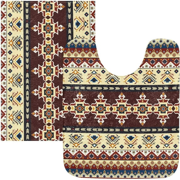 Luxury Bathroom Rug Set 2 PCS, Geometry Western Soft Absorbent Bath Rug and U-Shaped Toilet Rug, Non-Slip Bath Carpet, Machine Wash Dry, Bath Mats for Bathroom, 17.3"x13.4"+23.6"x15.7"
