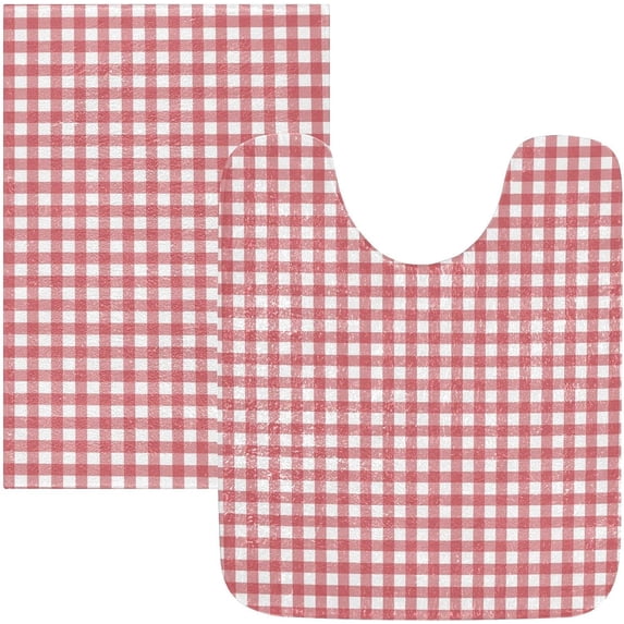 Luxury Bathroom Rug Set 2 PCS, Gingham Red White Soft Absorbent Bath Rug and U-Shaped Toilet Rug, Non-Slip Bath Carpet, Machine Wash Dry, Bath Mats for Bathroom, 17.3"x13.4"+23.6"x15.7"