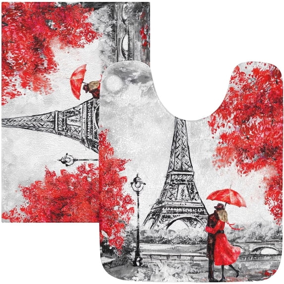 Luxury Bathroom Rug Set 2 PCS, Oil Painting Paris Soft Absorbent Bath Rug and U-Shaped Toilet Rug, Non-Slip Bath Carpet, Machine Wash Dry, Bath Mats for Bathroom, 17.3"x13.4"+23.6"x15.7"