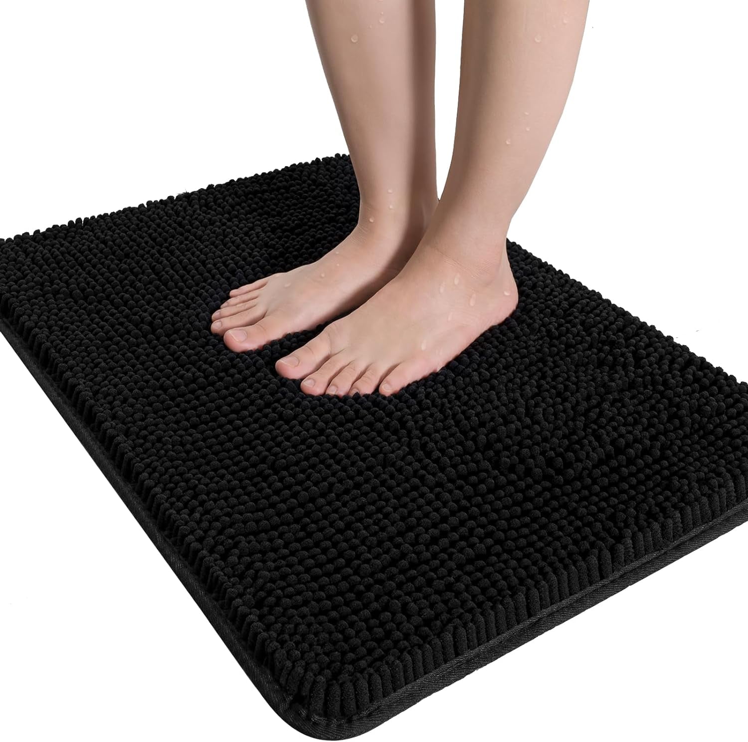 Luxury Bathroom Rug Shaggy Bath Mat 20 x 30 Inch, Washable Non Slip Bath Rugs for Bathroom Shower, Soft Plush Chenille Absorbent Carpets Mats, Black