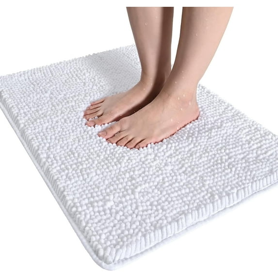 Luxury Bathroom Rug Shaggy Bath Mat 20 x 30 Inch, Washable Non Slip Bath Rugs for Bathroom Shower, Soft Plush Chenille Absorbent Carpets Mats, White