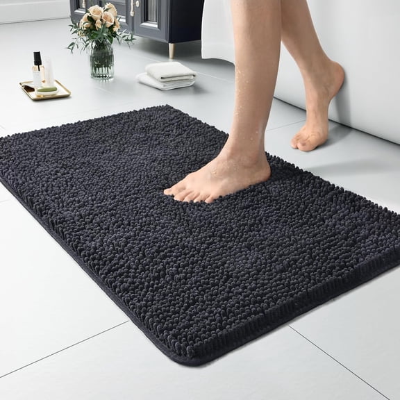 Luxury Bathroom Rug Shaggy Bath Mat 24 x 17 Inch, Washable Non Slip Bath Rugs for Bathroom Shower, Soft Plush Chenille Absorbent Carpets Mats, Dark Grey
