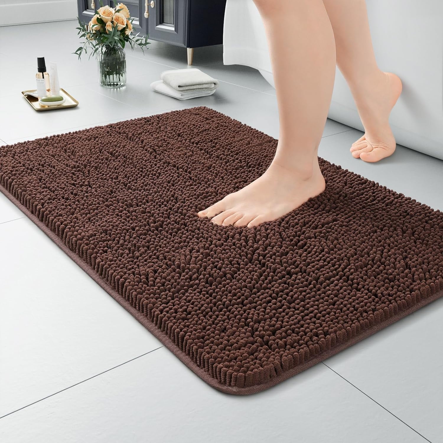 Luxury Bathroom Rug Shaggy Bath Mat 24 x 17 Inch, Washable Non Slip Bath Rugs for Bathroom Shower, Soft Plush Chenille Absorbent Carpets Mats, Brown