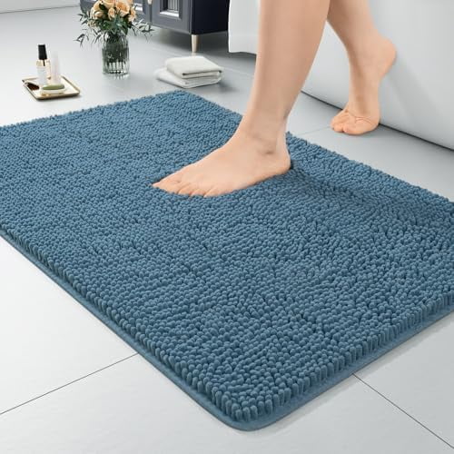 Luxury Bathroom Rug Shaggy Bath Mat 24 x 36 Inch, Washable Non Slip Bath Rugs for Bathroom Shower, Soft Plush Chenille Absorbent Carpets Mats, Denim Blue