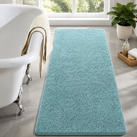 Luxury Bathroom Rug Shaggy Bath Mat 24 x 60 Inch Spa Blue | Washable Non Slip Soft Plush Chenille Absorbent Carpet for Shower