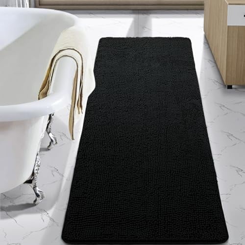 Luxury Bathroom Rug Shaggy Bath Mat 24 x 70 Inch, Washable Non Slip Bath Rugs for Bathroom Shower, Soft Plush Chenille Absorbent Carpets Mats, Black