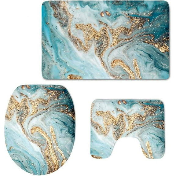Luxury Bathroom Rugs Set of 3 Turquoise Marble Velvet Print Non Slip Bath Rug+ Contour Mat+ Toilet Seat Cover