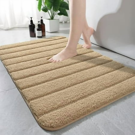 Luxury Bathroom Runner Rugs, Thick Soft and Absorbent Microfiber Non Slip Bath Mat, Rubber Backing Striped Rug Carpets, Machine Washable Plush Mats for Bathroom Floor, 24x17 Inch Beige