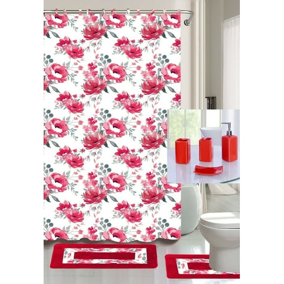 Luxury Bathroom accessories set package includes : 2 rugs mat non slip, 1 shower curtain with 12 hooks and 4 piece ceramic accesories print design camellia red
