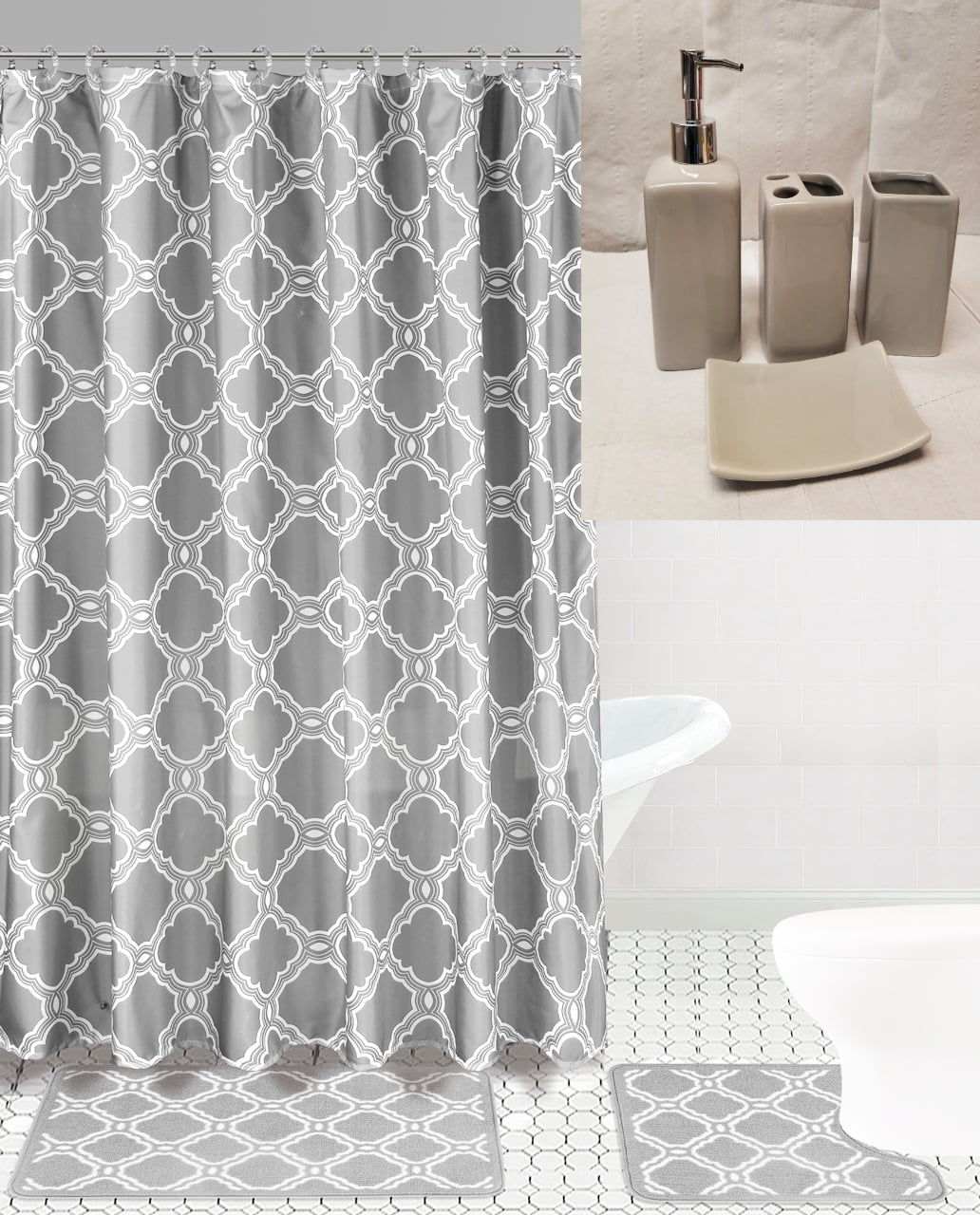 Luxury Bathroom accessories set package includes: 2 rugs mat non slip, 1  shower curtain with 12 hooks and 4 piece ceramic accesories print design  fresco grey 