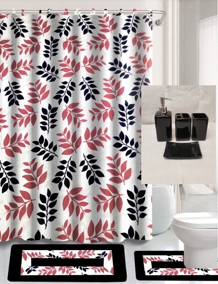 Luxury Bathroom accessories set package includes: 2 rugs mat non slip, 1 shower curtain with 12 hooks and 4 piece ceramic accesories print design kadir black