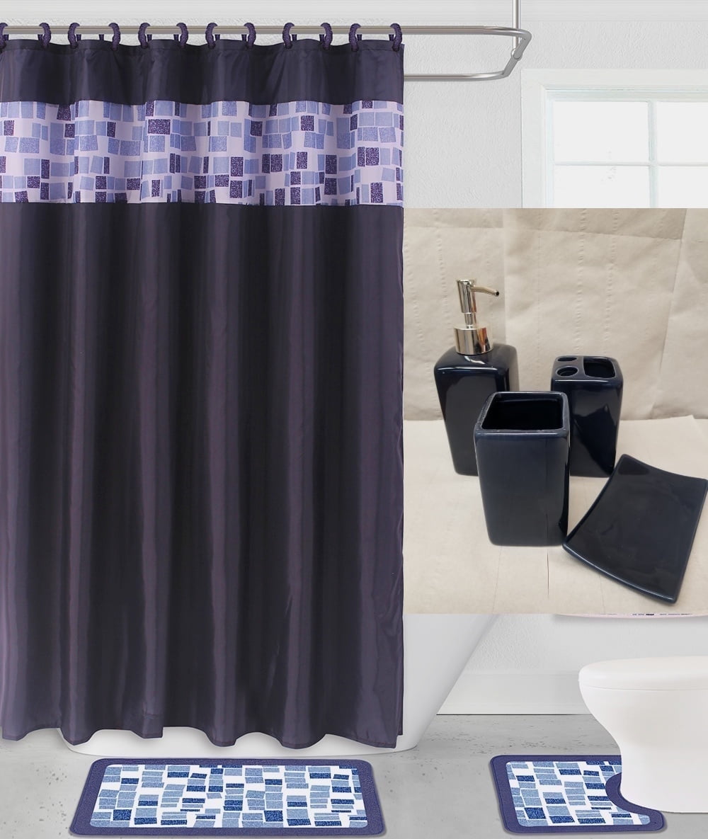 Luxury Bathroom accessories set package includes: 2 rugs mat non slip, 1 shower curtain with 12 hooks and 4 piece ceramic accesories print design stripe navy