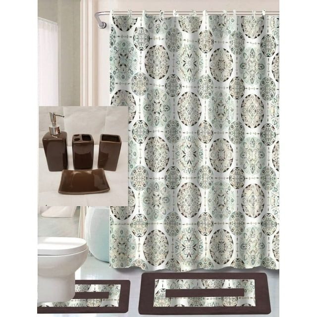 Luxury Bathroom accessories set package includes: 2 rugs mat non slip, 1 shower curtain with 12 hooks and 4 piece ceramic accesories print design zen brown