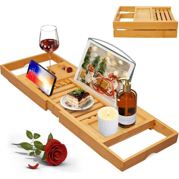 Luxury Bathtub Caddy Tray for Tub - Foldable Bamboo Bath Table with Book and Wine Glass Holder, Expandable Bathroom Accessories Spa or Reading Lite Style