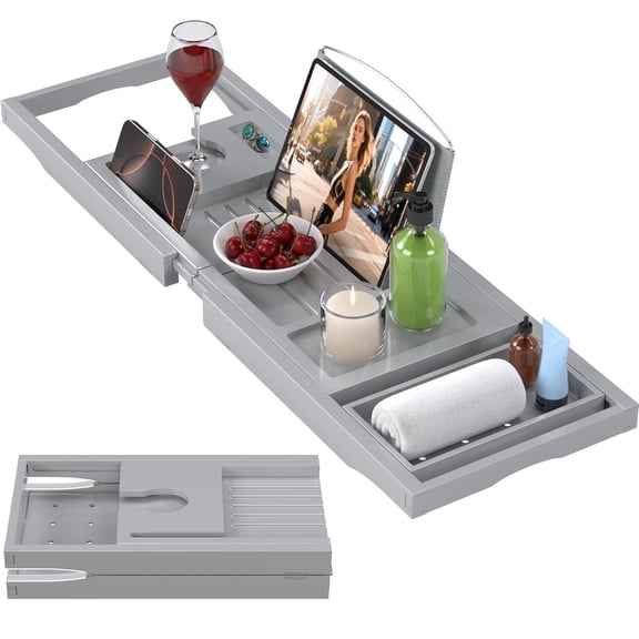 Luxury Bathtub Caddy Tray for Tub - Foldable Bamboo Bath Table Tray with Book & Wine Glass Holder & Soap Holder, Expandable Bathroom Accessories for Spa or Reading Lite Style, Bath Accessories Sets