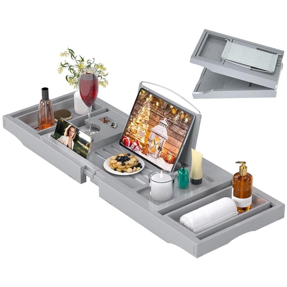 Luxury Bathtub Caddy Tray for Tub - Foldable Bamboo Bath Table Tray with Book & Wine Glass Holder & Soap Holder, Expandable Bathroom Accessories for Spa or Reading Lite Style, Bath Accessories Sets