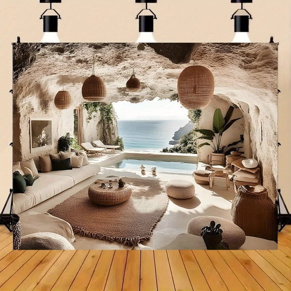 Luxury Beach Cave Backdrop Seaside View Living Room Photography Background Coastal Cave Room Birthday Party Decorations Banner Supplies Photo Booth Props