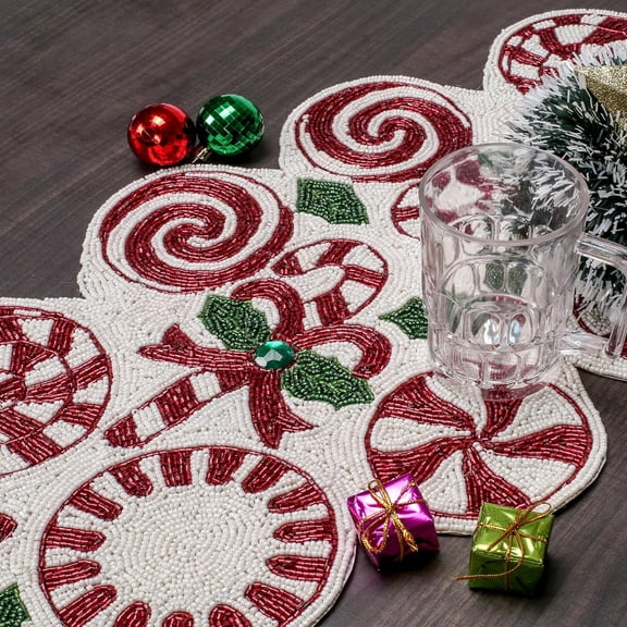 Luxury Beaded Runner 36 inch- Premium 13x36 Inch Candy Beaded & Polyester Christmas Beaded Runner - Decor for Home, Dining Tables, Weddings & Holiday Celebrations (White Red Green) - Living HOME